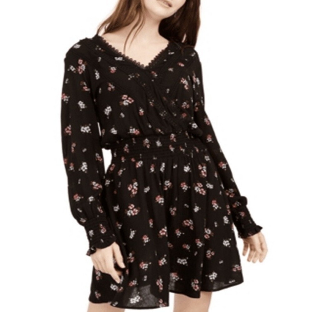 American Rag Women's Black Floral Print Long Sleeve V-Neck Dress Sz Small‎ NWT